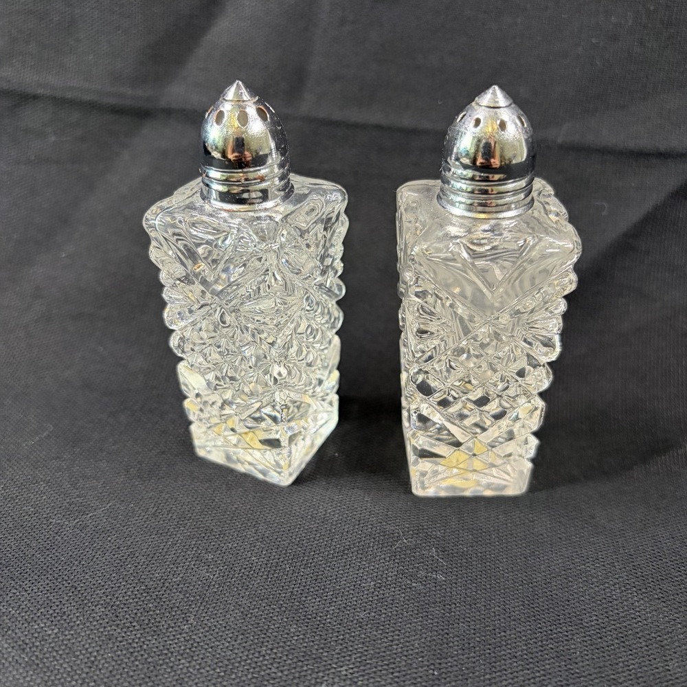 Vintage Hand Cut Lead Crystal Salt Pepper Shakers Japan Chrome Tops